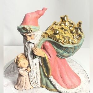Vintage Santa Claus With Child Figurine Gold Sack Christmas Holiday Decor